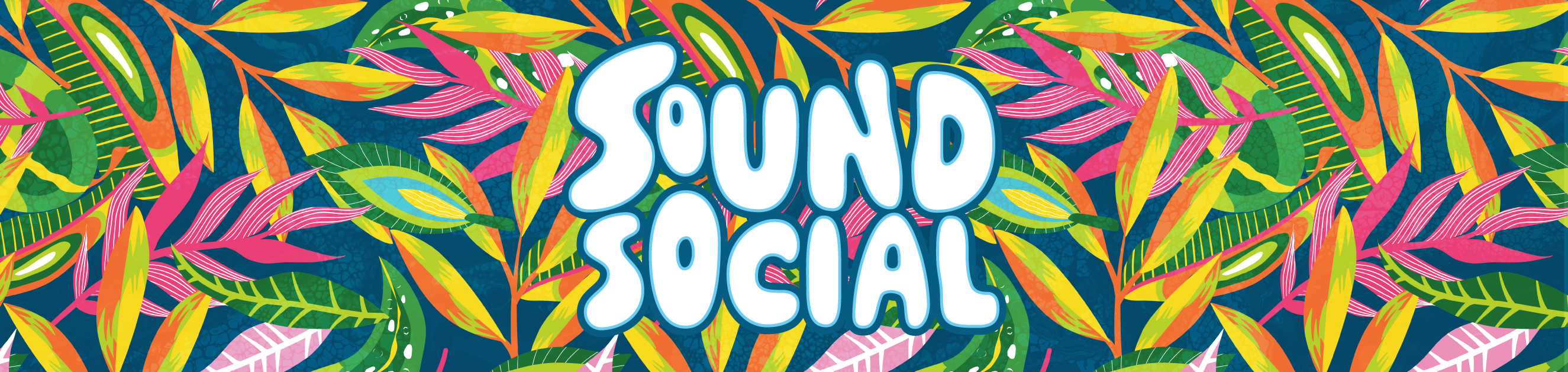 Colorful tropical leaf pattern with 'Sound Social' text on a blue background