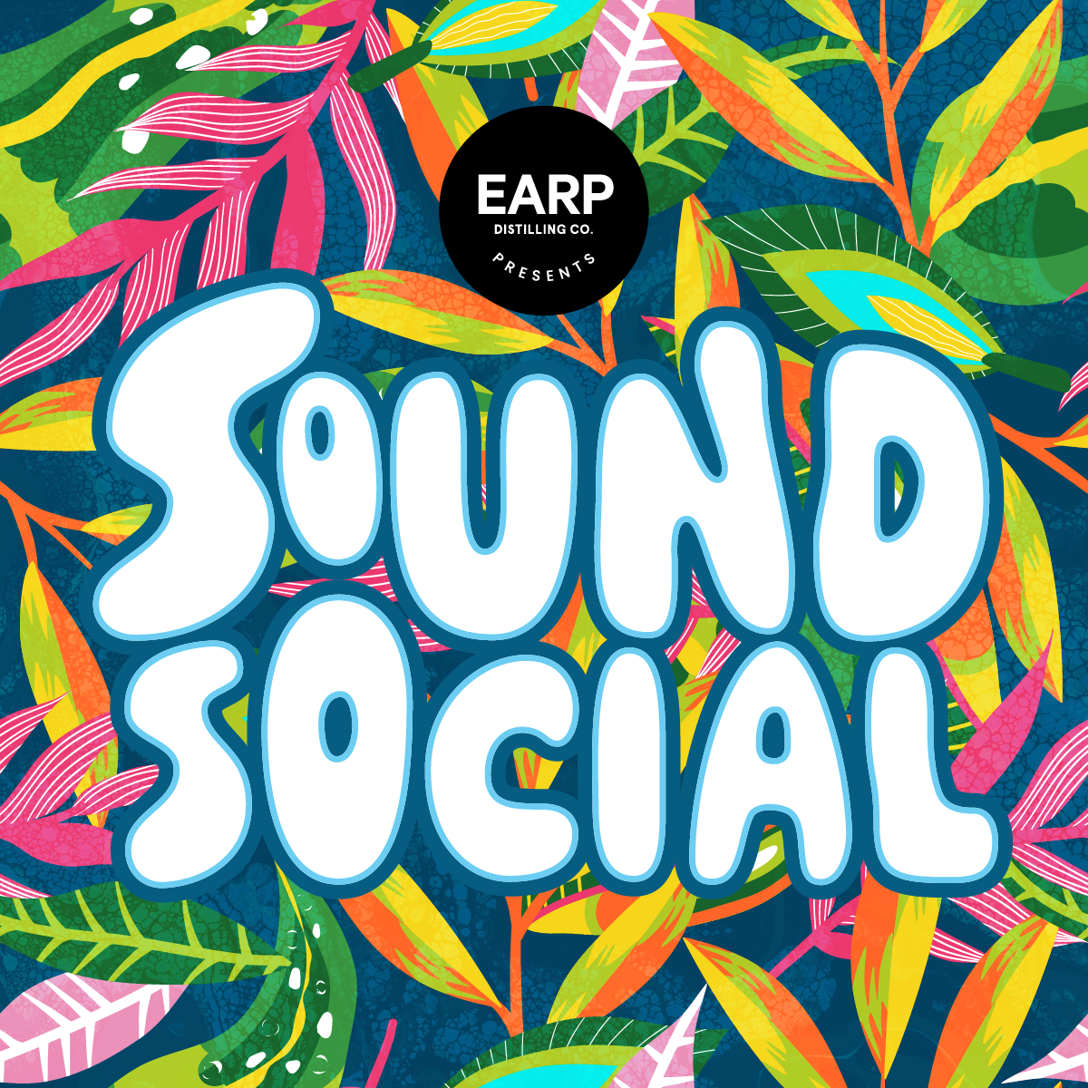 The official Sound Social logo on a playful background of neon leaves